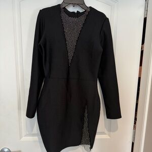 Body con black mini dress with rhinestone mesh inserts